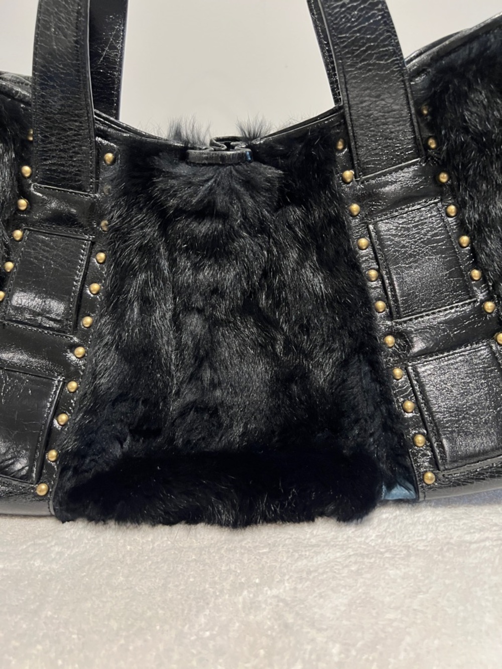 Kenneth Cole Black Rabbit Fur and leather bag with Studded Trim. - Picture 6 of 7